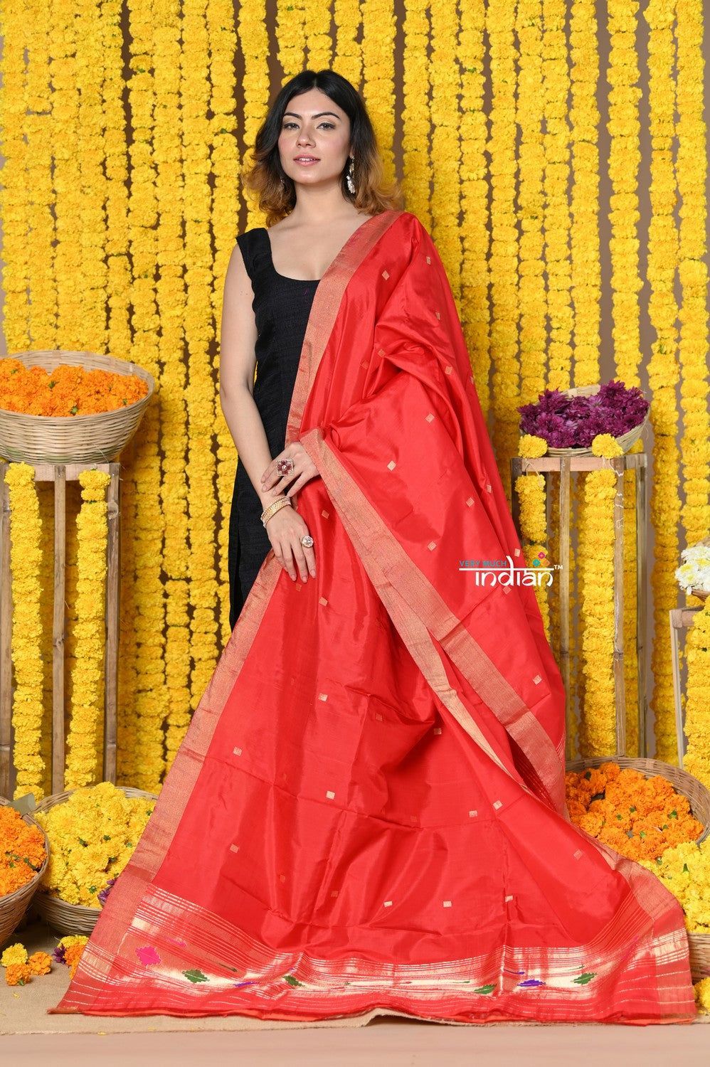 Rajsi~Handloom Pure Silk Paithani Dupatta With Beautiful Zari Work and Handwoven Buttis~ Red