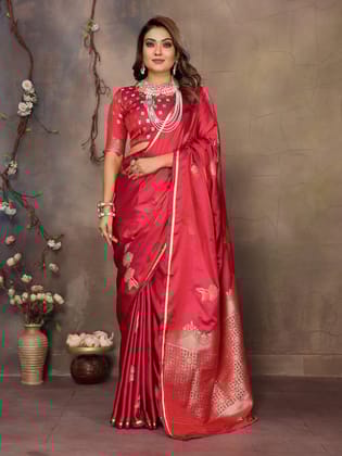 Red Satin Silk Floral Motifs Zari Weaving Banarasi Saree