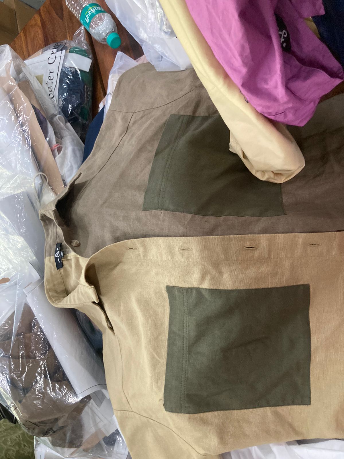 LINEN COLOR BLOCKED DRESS-XL / Khaki