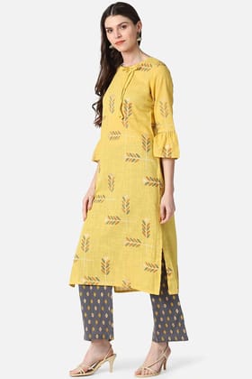 Yellow Cotton Ethnic Motifs Kurta Set VKSET1028
