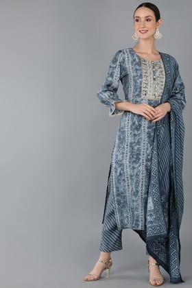 Charcoal Silk Blend Ethnic Motifs Straight Kurta Trousers With Dupatta PKSKD1686