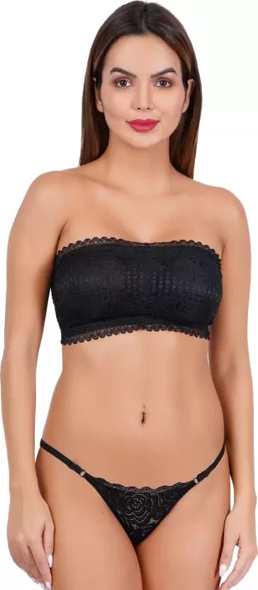 Gracewell Bra & Panty Set Solid Tube Black Lingerie Set Black 38