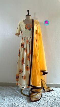 Sunflower frock with maggam work and dupatta-2XS