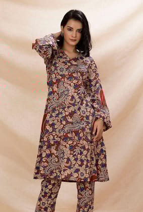 Rust Red Kalamkari Flared Cotton Kurta-XS