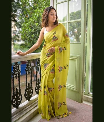 SARADA HANDLOOM Cotton Embroidered Saree With Unstitched Blouse Piece ( Mint Green )