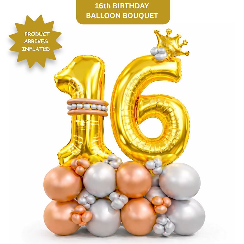Signature Number 16 Large Golden Balloon Bouquet Arrangement with Small Crown & Silver, Rosegold Latex Balloons - Party and Festive Needs | Buy online on ZillyBuy