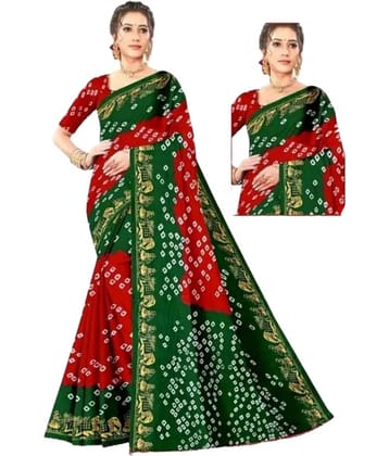 JIHANA FAB Chiffon Printed Bandhani Sarees With Unstitched Blouse Piece ( Red )