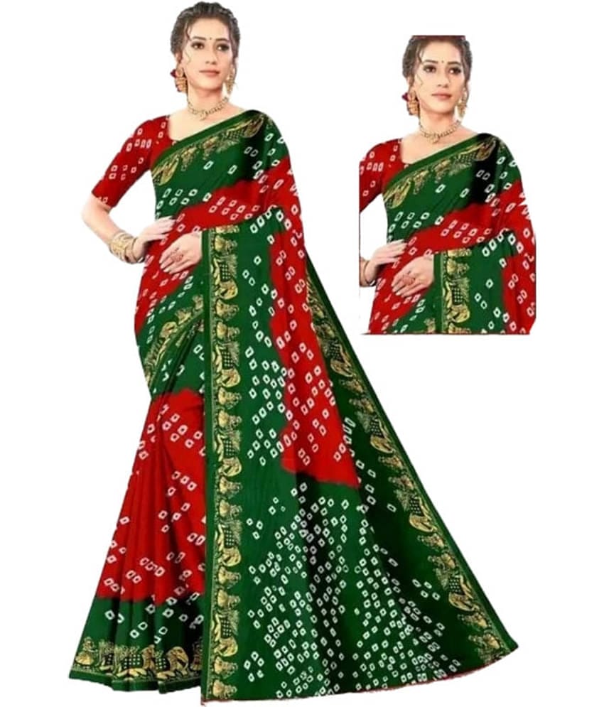 JIHANA FAB Chiffon Printed Bandhani Sarees With Unstitched Blouse Piece ( Red )