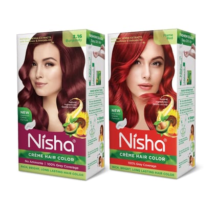 Nisha Creme Hair Color Combo, Pack of 2 Burgundy & Flame Red