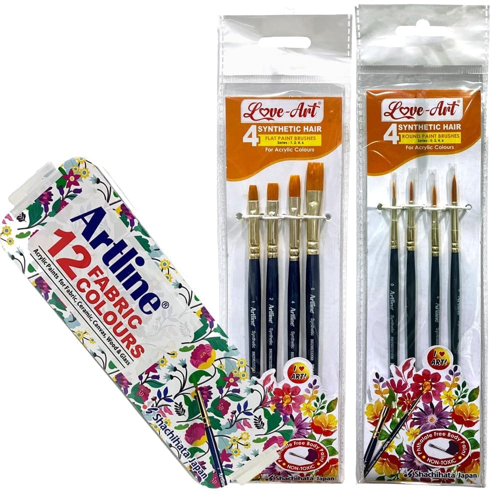 Artline Fabric Colour Set of 12 with Synthetic Hair Round and Flat Paint Brushes