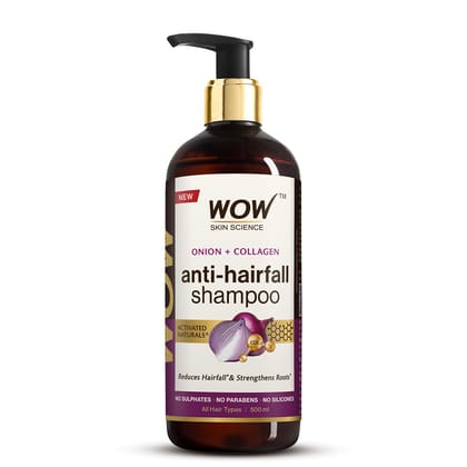 WOW Skin Science Onion & Collagen Anti-Hairfall Shampoo|Reduces Hairfall|Strengthens Roots|Nourishes Scalp|Prevents Breakage|Enhances Hair Thickness and Shine|New & Improved Formulation|500ml WOW Skin Science Onion & Collagen Anti-Hairfall Shampoo|Reduce