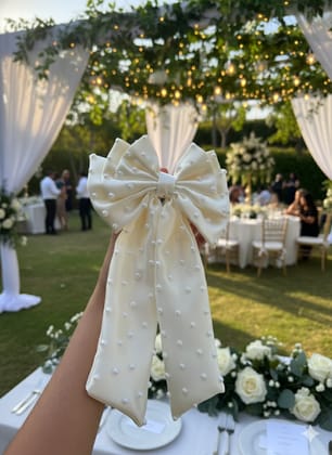 Artful Threads Pearl-Embellished Three-Layer Long Tail Hair Bow | Oversized Accessory for Women & Girls