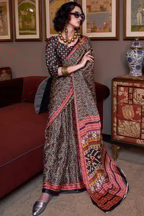 Charcoal Black Patola Printed Satin Crepe Silk Saree