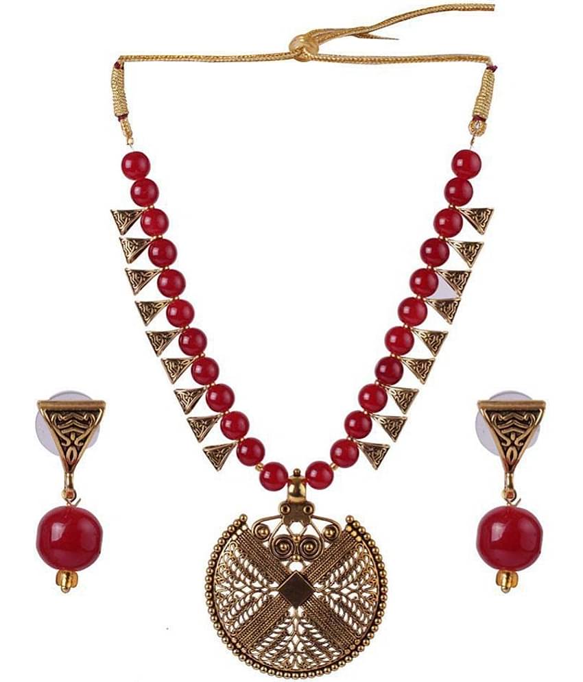 PUJVI Alloy Maroon Contemporary/Fashion Necklaces Set Long Haram