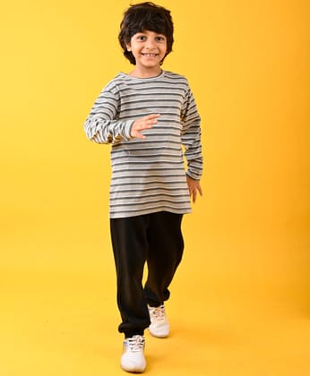 GREY WHITE STRIPED LONG SLEEVES T-SHIRT AND BLACK WARM FLEECE JOGGER SET - GREY/BLACK-0-6 MONTHS / 2N / GREY/BLACK