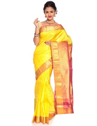 Yellow Kanchipuram Silk Saree with Pink Pallu + Golden border