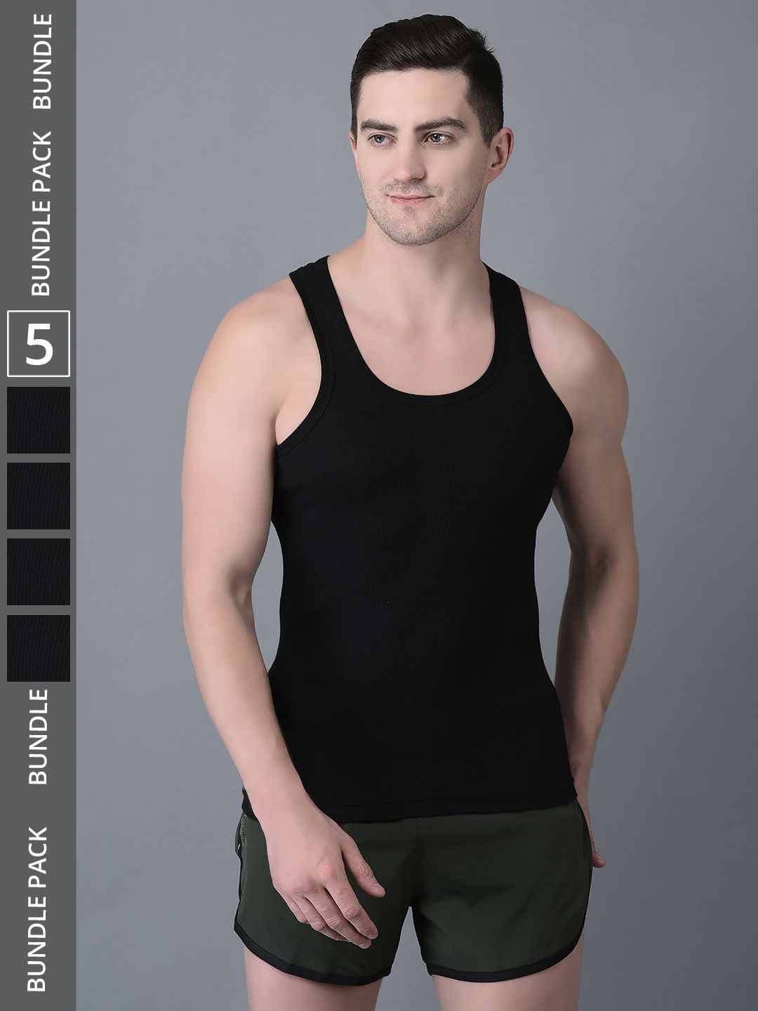 Men's Black Pack of 5 Solid Combed Cotton Vest