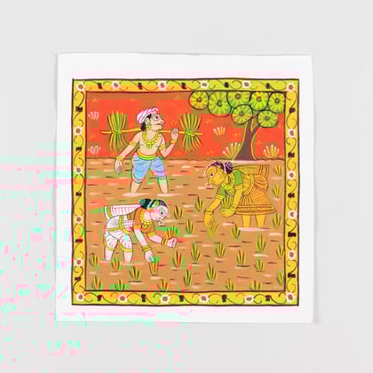 Cheriyal Painting Women in the Paddy Field   11.5x11.5-Red / Canvas / 11.5 x 11.5