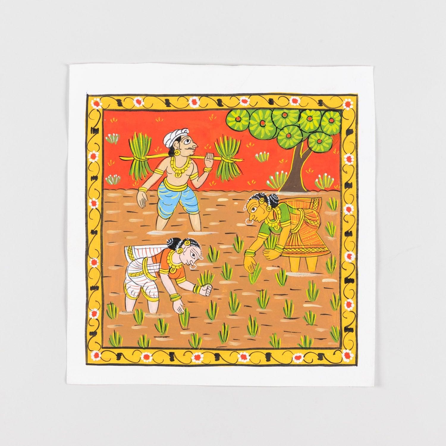 Cheriyal Painting Women in the Paddy Field   11.5x11.5-Red / Canvas / 11.5 x 11.5