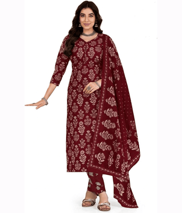 shree jeenmata collection Women Cotton Printed Straight Kurti With Pants ( Maroon )