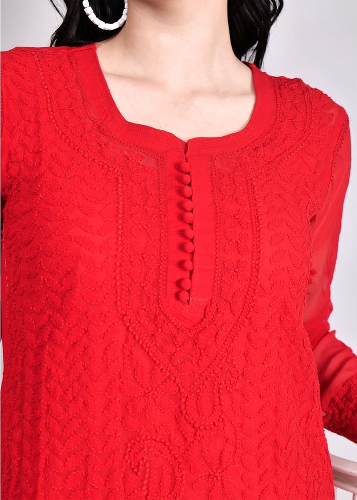 Geogette Hand Embroidered Calf length Chikankari Red Kurta