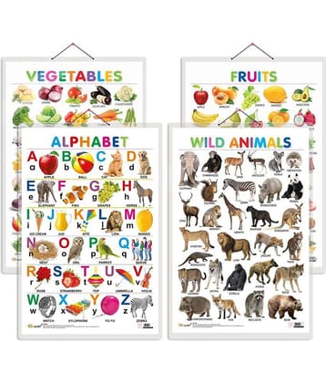 Set of 4 Alphabet, Fruits, Vegetable and Wild Animals Early Learning Educational Charts for Kids | 20"X30" inch |Non-Tearable and Waterproof | Double Sided Laminated | Perfect for Homeschooling, Kindergarten and Nursery Students