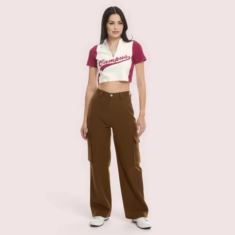 "Campus Cool" Zip Polo Crop Top – Maroon & White
