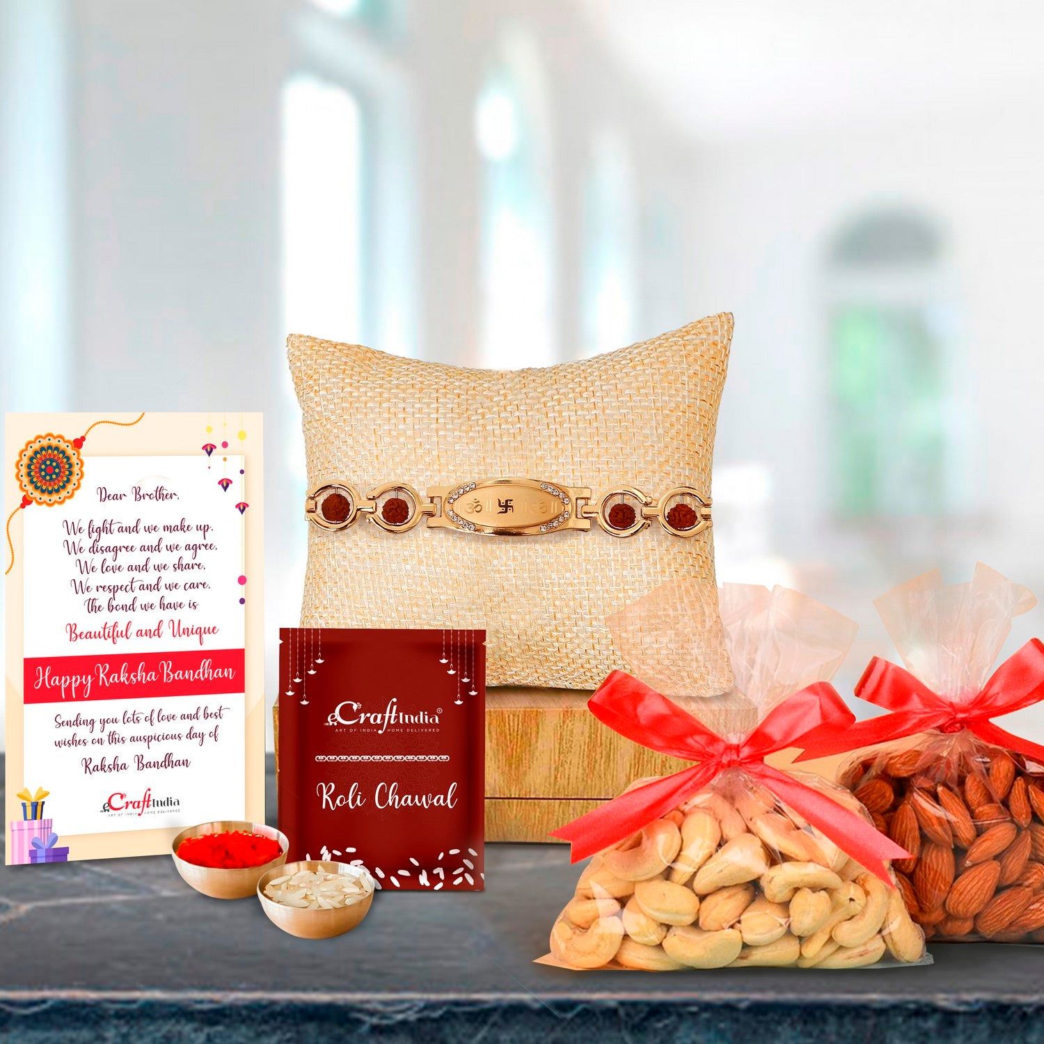 Designer Bracelet Religious Rakhi with Badam and Cashew (200 gm each, total 400 gm) and Roli Chawal Pack, Best Wishes Greeting Card