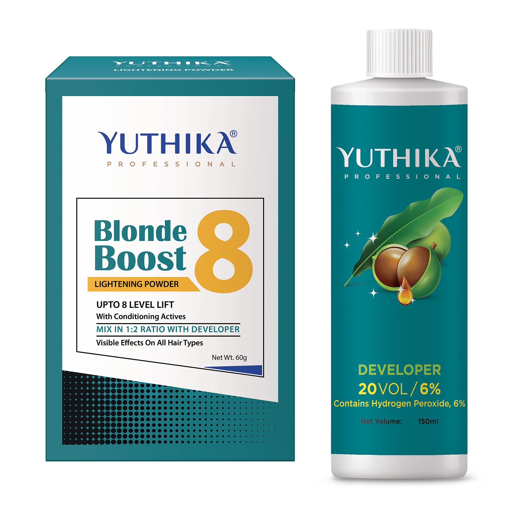 Yuthika Professional Blonder Powder 60g with Hair Color Developer 20 Volume (6%) 150ml