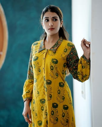Ajrakh Cotton Collar neck A-Line Kurta with Gathered Sleeves & Wooden Button Details , Mustard- Yellow , KA1025-S