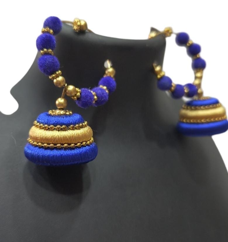 Blue Silk Thread Jhumka Earrings with Golden Beads
