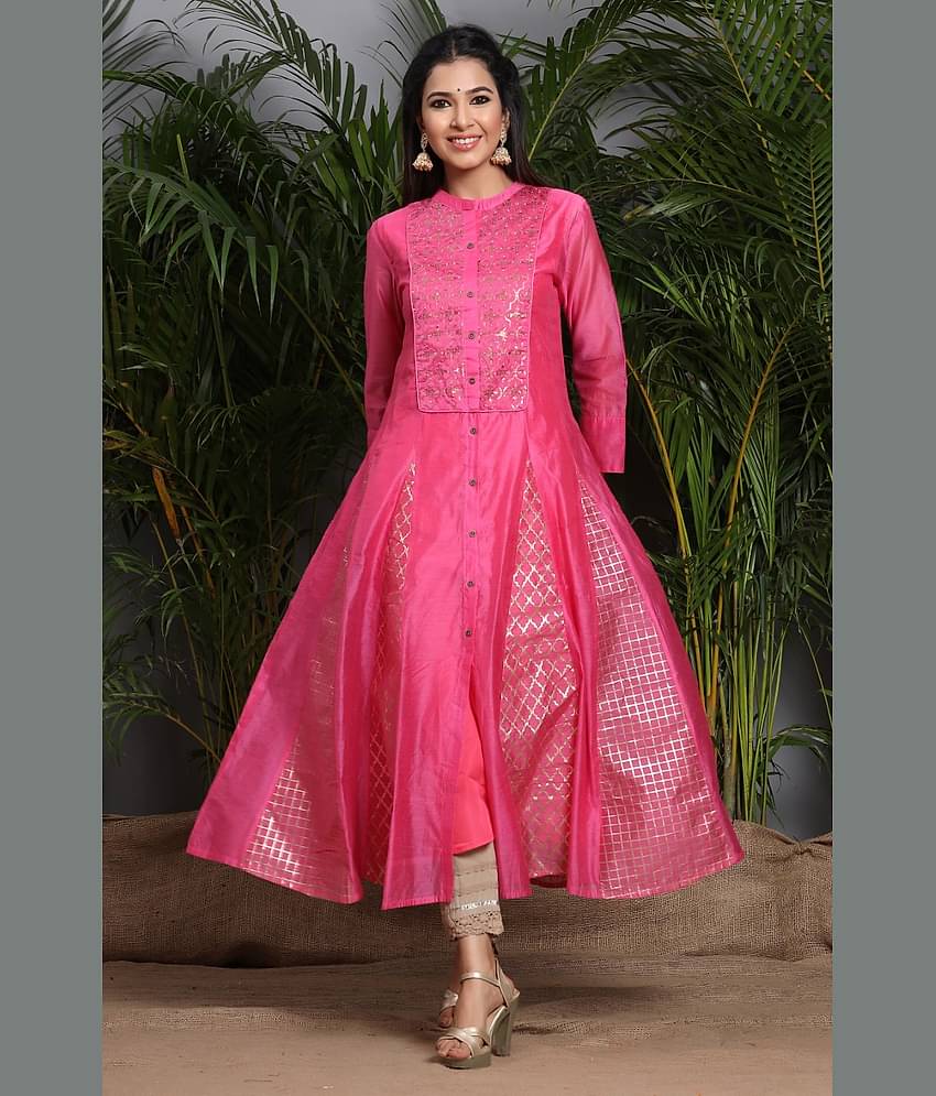 Juniper Chanderi Embellished A-line Women's Kurti - Pink ( Pack of 1 )