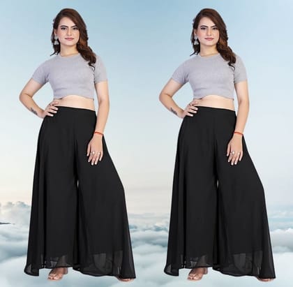 Generic Women's Georgette Solid High-Rise Wide Leg Flared Palazzo Pants with Elastic Waist, Ankle Length Trousers for Daily, Office and Casual Wear (Black, 2XL, Pack of 2, Design 67541) Generic Women's Georgette Solid High-Rise Wide Leg Flared Palazzo Pants with Elastic Waist, Ankle Length Trousers for Daily, Office and Casual Wear (Black, 2XL, Pack of 2, Design 67541)