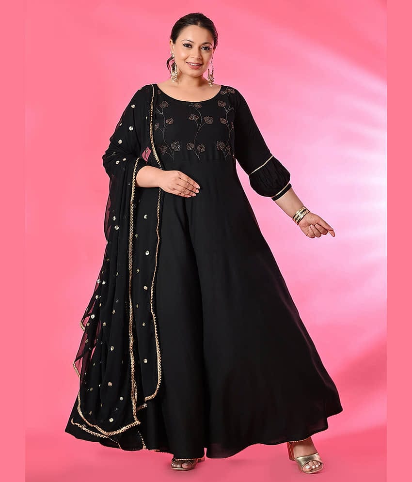 PrettyPlus by Desinoor.com Women Viscose Rayon Embellished Anarkali Kurti with Dupatta ( Black )