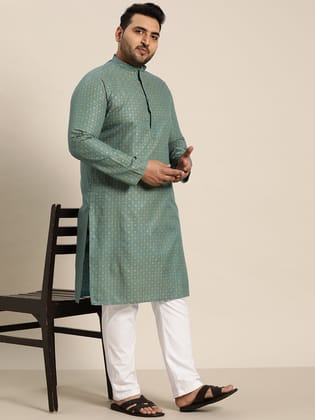 Men's Cotton Linen Peacock Blue Foil Printed Only Long Kurta-44