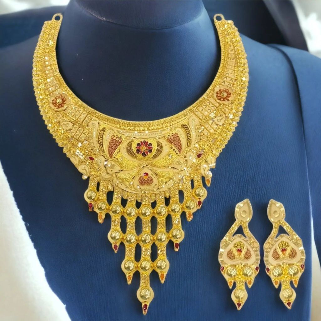 Statement Gold Plated Necklace Set with Matching Earrings