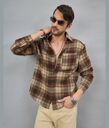 Chimpaaanzee Poly Cotton Oversized Fit Checks Full Sleeves Men's Casual Shirt - Brown ( Pack of 1 )