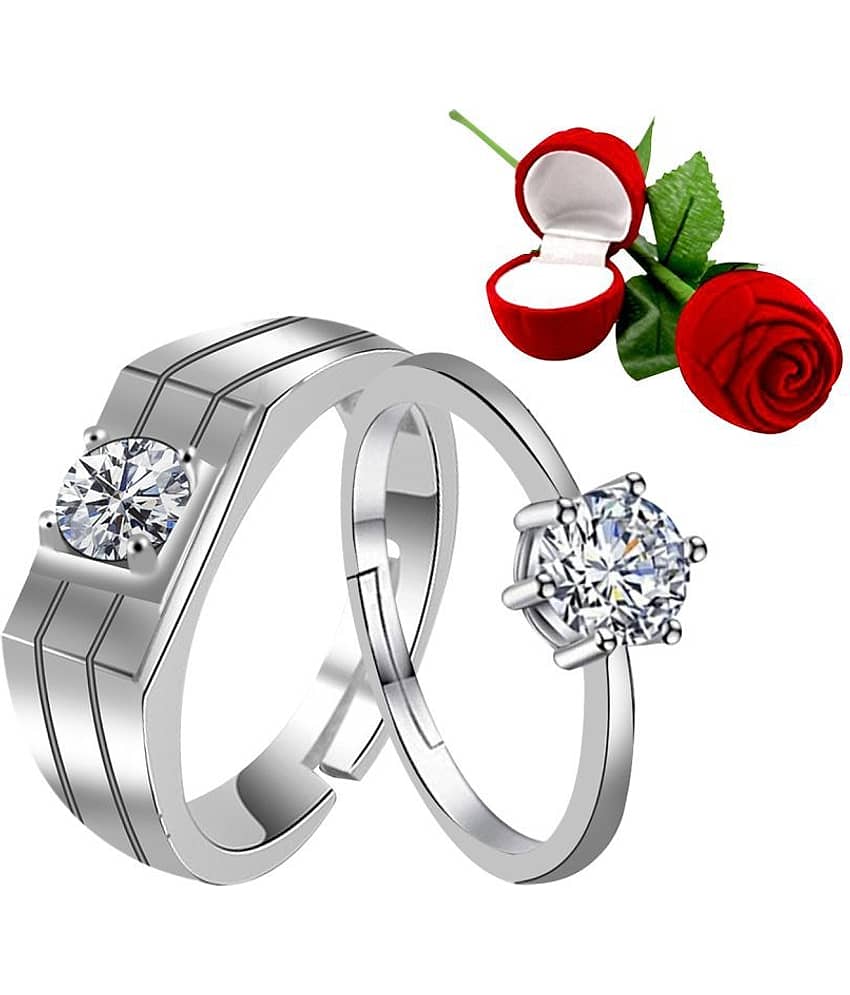 Silver Shine Silver Plated Adjustable Couple Ring with 1 Piece Red Rose Gift Box  for Men and Women