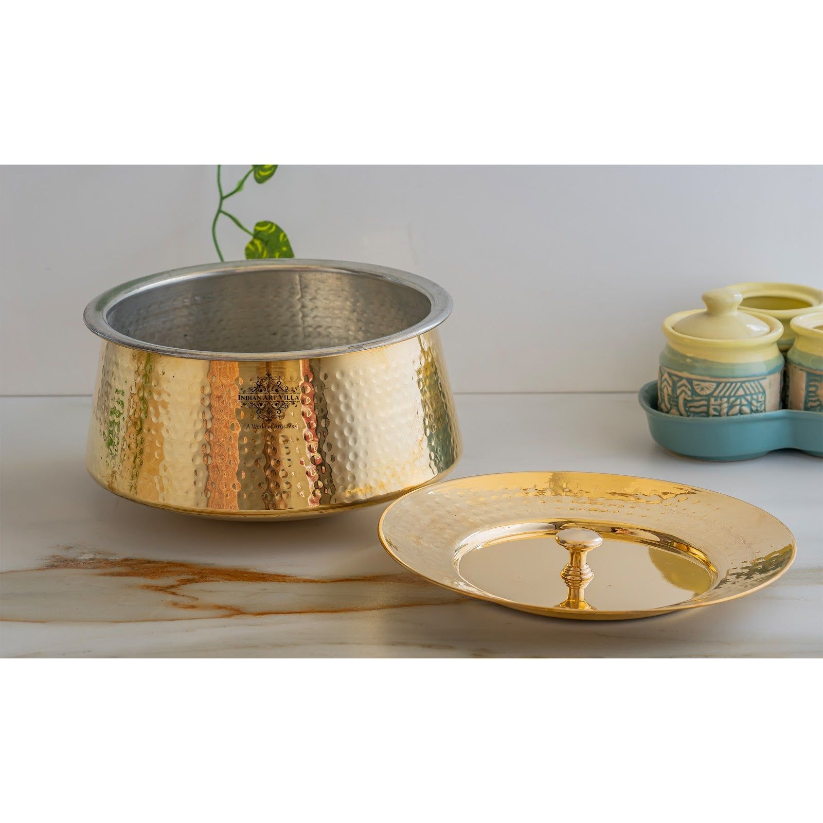 Brass Hammered Patila And Lid with Tin lining, Traditional cookware-2000 ML