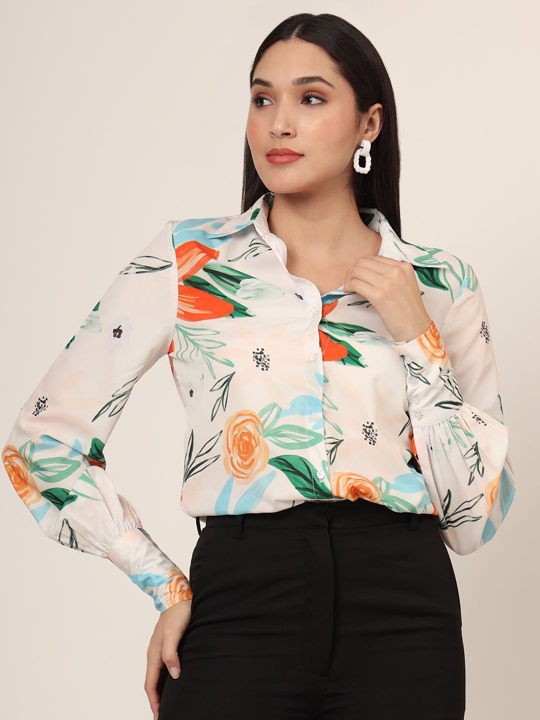 Women'S Premium Micro Multicolour Long Length Curved Hem Digital Print Shirt-M