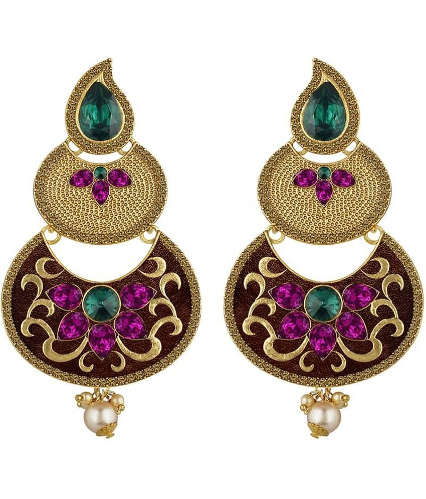Spargz Antique Gold Plated Multicolor AD Stone Long Indian Style Enamel Work Chandbali Earrings For Women AIER 1351