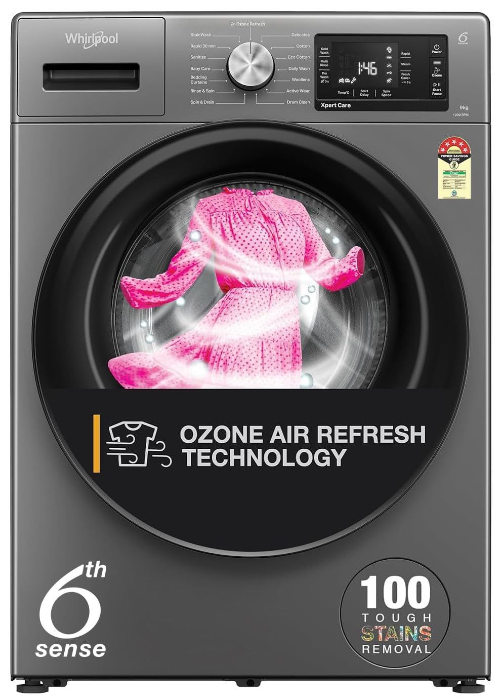 Whirlpool 9 Kg Ozone Technology 5 Star Inverter Front Load Fully Automatic Washing Machine with In-Built Heater (XO9012BYM52E, Midnight Grey, 100+ Tough Stains, 1400 RPM) Whirlpool 9 Kg Ozone Technology 5 Star Inverter Front Load Fully Automatic Washing