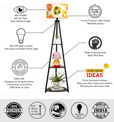 Furniture Metal Floor Lamp with 3 Shelves (Fresh Flower) LED Bulb Included- Diwali Decoration Items