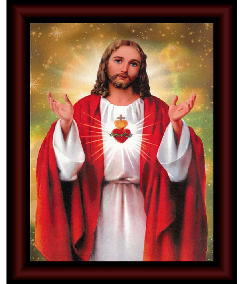 saf Lord Jesus Sparkle Coated Digital Reprint 13.25 inch x 9.25 inch Painting (With Frame)
