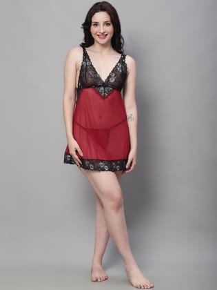 Babydoll Overall Net V Neck Dress - Maroon-S / Maroon