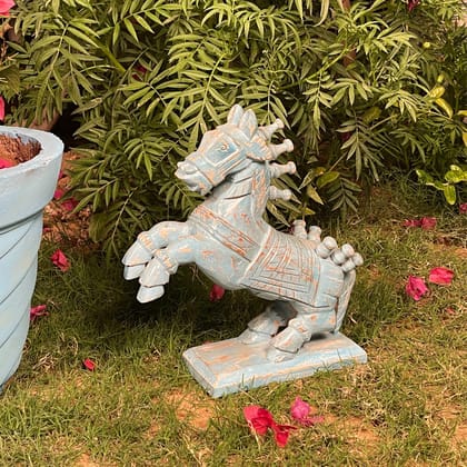 BAANMATA INTERNATIONAL Handicraft Table Decors Running Horse-Statue,Distressed-Blue Wooden Showpiece Horse-Statue,Home Living Horse-Statue for Decoration|38x10x42 cm,38x8x31 Cm