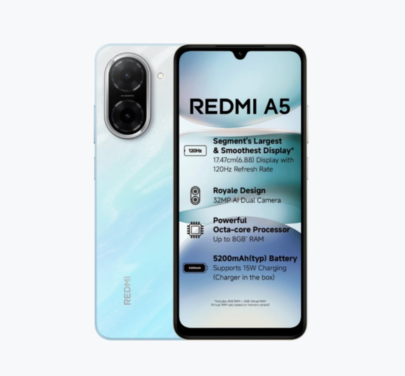 Redmi A5 (Pondicherry Blue, 4GB RAM 128GB Storage) | Royale Design | Segment's Largest 17.47cm(6.88) and Smoothest 120Hz Display) | TUV Rhineland Triple Eye Protection Certified | 5200mAh Large Battery | Supports expandable storage: up to 2TB