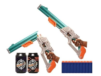 Braintastic Double Barrel Super Shot Gun with Ejecting Shells-10 Soft Dart Bullet & 2 Targets, Kids Age 8+ Years (Green White)