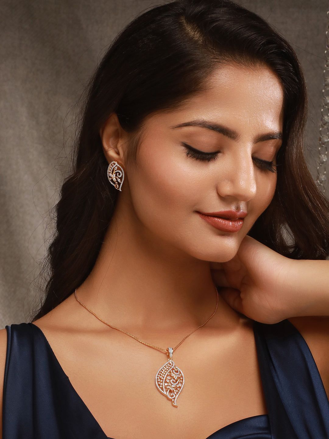 Gold Toned AD Zircon Studded Designer Floral Pendant Necklace Jewellery Set