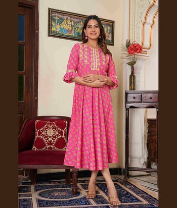 Yash Gallery Rayon Printed Anarkali Women's Kurti - Pink ( Pack of 1 )